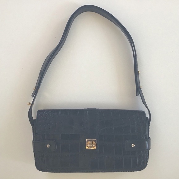 Y2K Cole Haan croc embossed black convertible strap east west baguette bag - Picture 1 of 13